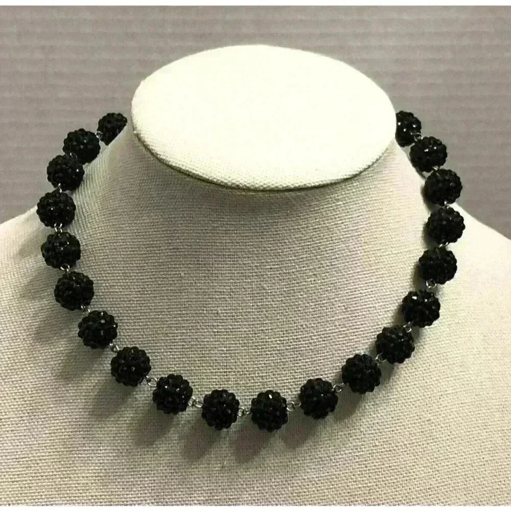 Vintage Black Faceted‎ Ball Beaded Necklace Choker Silver Tone 17 Inch